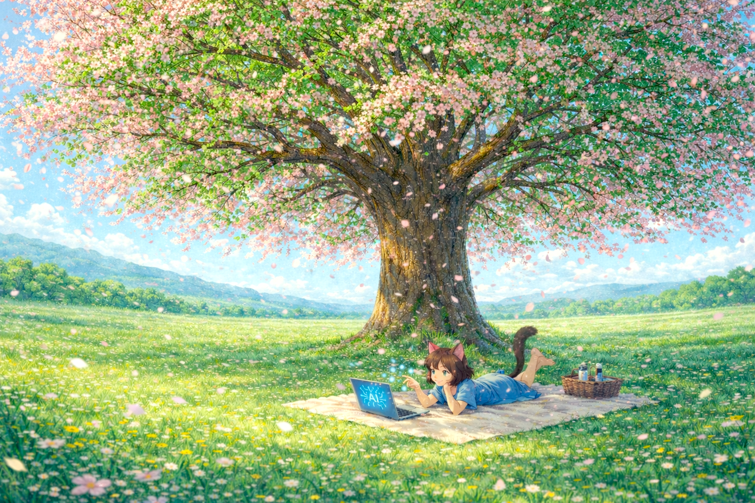 桜の木の下でAIと対話する少女